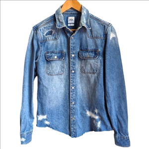 ZARA Blue Chambray Distressed Cotton Relaxed Fit Cowboy Snap Buttons Shirt Small